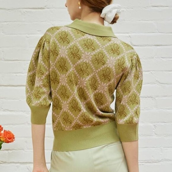 Simple Retro Green Collared Sweater Wool Blend Floral ASO The Recruit Hannah - Picture 2 of 14